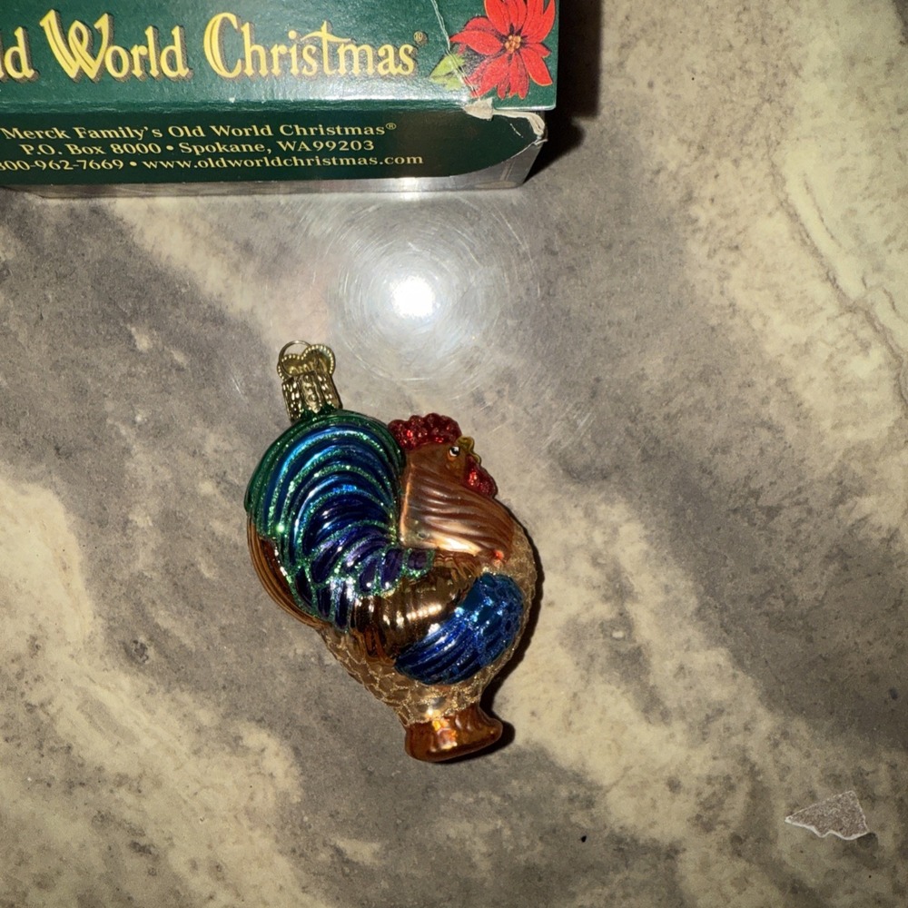 Old World Christmas Rooster Ornament Glass Farm Animal Bird OWC w/ Box Colorful